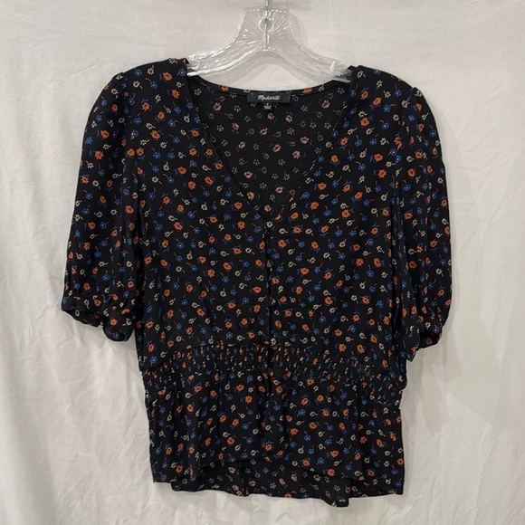 Madewell blouse short sleeve black with flowers sz 0 - Picture 1 of 5